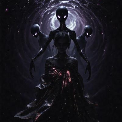 The primary subject of the image is a woman dressed in a long black dress, with her arms outstretched. She is surrounded by three other women, each with their arms outstretched as well. The setting appears to be a dark, possibly futuristic environment. The visual style of the image is a combination of photo and digital art, creating a surreal and dramatic atmosphere. The dominant colors in the image are black and purple, with the black dress and the purple hues of the background creating a moody